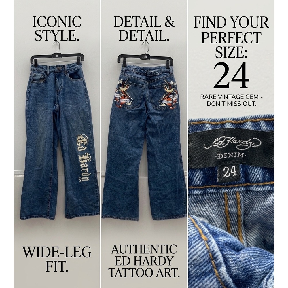 Ed Hardy Vintage Wide Leg Jeans Blue Embroidered Tattoo Art Cinch Back Y2k-sz 24